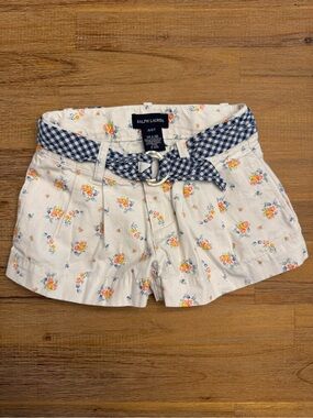 Ralph Lauren White Floral Cotton High-Waist Shorts with Blue Gingham Belt 4T